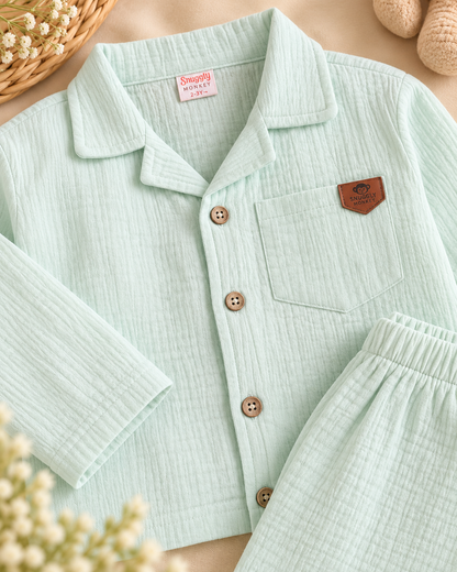 Full Sleeves 100% Cotton Muslin Night Suit Set - Mint Whisper