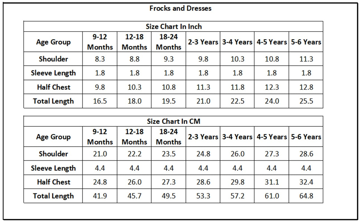 Size Guide for Rainbow Theme Linen Frock