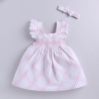 Plaid Pattern Smocking Frock with Matching Hairband