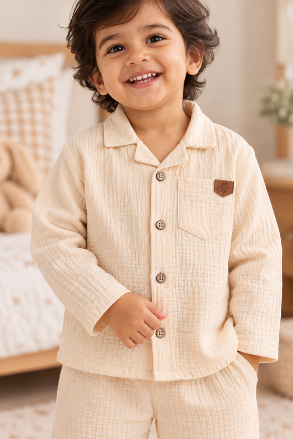 Full Sleeves 100% Cotton Muslin Night Suit - Biege