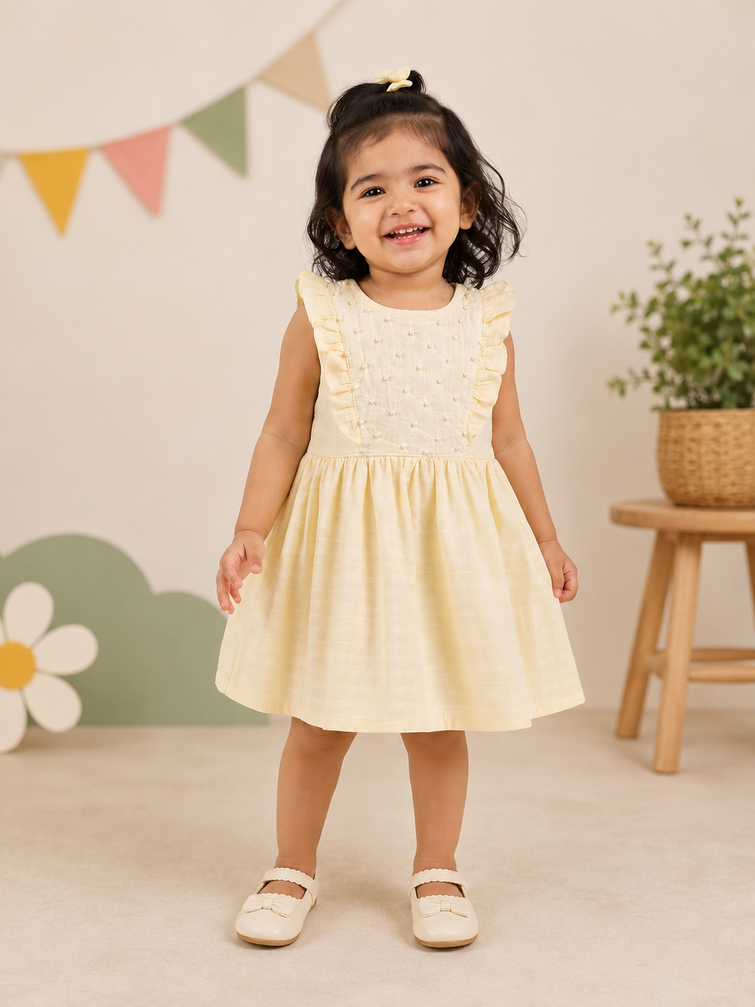 Pearl Embellished Ruffle Dress - Yellow