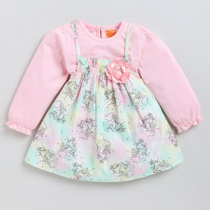 Unicorn Print Woven Frock with Full-Sleeves Inner