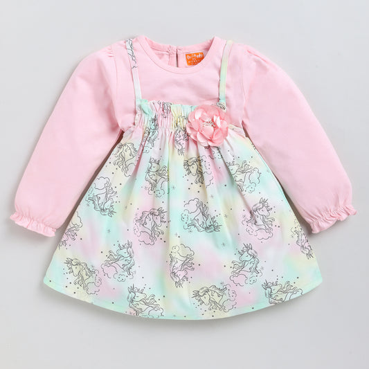 Unicorn Print Woven Frock with Full-Sleeves Inner