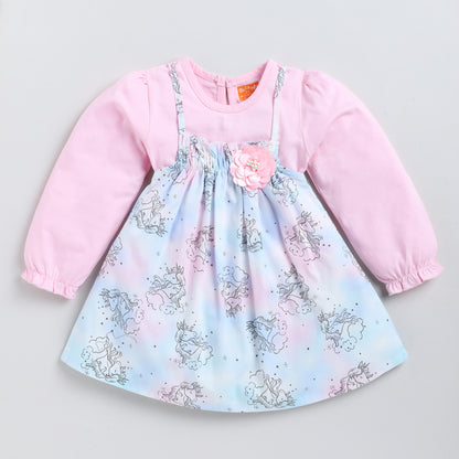 Unicorn Print Woven Frock with Full-Sleeves Inner
