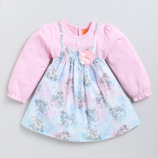 Unicorn Print Woven Frock with Full-Sleeves Inner