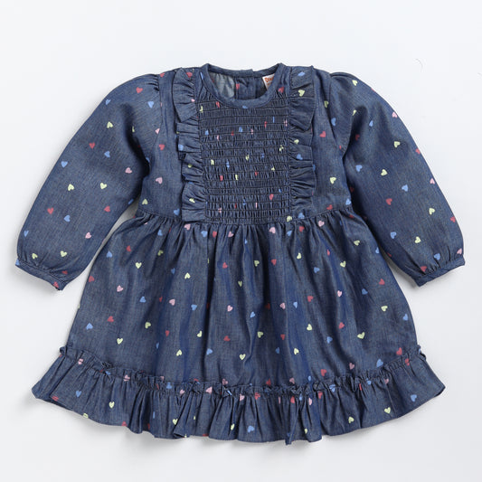 Heart Print Denim Smocking Frock
